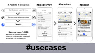 In real life it looks like: 
Scan barcode or search by name 
Compare prices & discover reviews 
#usecases 
Checkit! 
Data relevance? - UGC 
All users fill the base with new 
products & dishes daily, rate them 
and share their impressions. 
#discovernew #findwhere #checkit 
 