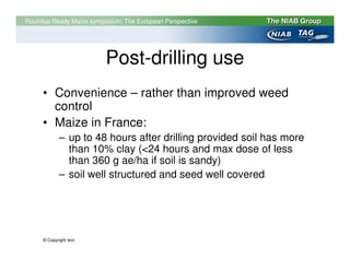Roundup Ready Maize symposium: The European Perspective




                         Post-drilling use
     • Convenience – rather than improved weed
       control
     • Maize in France:
             – up to 48 hours after drilling provided soil has more
               than 10% clay (<24 hours and max dose of less
               than 360 g ae/ha if soil is sandy)
             – soil well structured and seed well covered




     © Copyright text
 