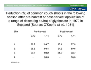 Roundup Ready Maize symposium: The European Perspective




Reduction (%) of common couch shoots in the following
season after pre-harvest or post-harvest application of
 a range of doses (kg ae/ha) of glyphosate in 1979 in
       Scotland (Source; O’Keeffe et al., 1981)

          Site                      Pre-harvest             Post-harvest
                             0.72             1.44        0.72        1.44


          1                  99.7             99.7        95.1        97.8
          2                  98.8             98.4        64.5        89.6
          3                  99.4             99.2        31.6        93.7
          4                     -             90.0         -          60.0

     © Copyright text
 
