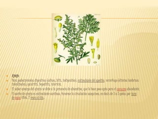  Ajenjo
 Para padecimientos digestivos (cólicos, bilis, indigestión), estimulante del apetito, vermífugo (elimina lombrices
intestinales), gastritis, hepatitis, ictericia.
 El sabor amargo del ajenjo se debe a la presencia de absentina, que lo hace poco apto para el consumo abundante.
 El aceite de ajenjo es estimulante cardíaco, favorece la circulación sanguínea, en dosis de 3 a 5 gotas por taza
de agua tibia, 2 veces al día.
 