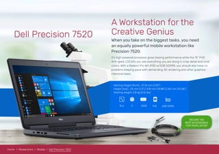Dell Precision 7520 When you take on the biggest tasks, you need
an equally powerful mobile workstation like
Precision 7520.
A Workstation for the
Creative Genius
It’s high powered processor gives blazing performance while the 15” FHD
Anti-glare LCD lets you see everything you are doing in crisp detail and vivid
colors. With a Radeon Pro WX 4130 w/2GB GDDR5, you should also have no
problems keeping pace with demanding 3D rendering and other graphics-
intensive tasks.
Starting Height (front) : 27.76 mm (1.09")
Height (rear) : 33 mm (1.3") | 378 mm (14.88”) | 261 mm (10.38”)
Starting weight: 2.8 kg (6.16 lbs)
16GBi715.6 1TB
RAM
Home Researchers Models Dell Precision 7520
2GB DDR5
SECURE THE
BEST ACCESSORIES
FOR YOUR LAPTOP
 
