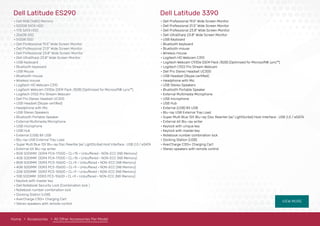 • Dell 8GB (1x8G) Memory
• 500GB SATA HDD
• 1TB SATA HDD
• 256GB SSD
• 512GB SSD
• Dell Professional 19.5" Wide Screen Monitor
• Dell Professional 21.5" Wide Screen Monitor
• Dell Professional 23.8" Wide Screen Monitor
• Dell UltraSharp 23.8" Wide Screen Monitor
• USB Keyboard
• Bluetooth keyboard
• USB Mouse
• Bluetooth mouse
• Wireless mouse
• Logitech HD Webcam C310
• Logitech Webcam C930e (OEM Pack /B2B) (Optimized for Microsoft® Lync™)
• Logitech C922 Pro Stream Webcam
• Dell Pro Stereo Headset UC300
• USB Headset (Skype certiﬁed)
• Headphone with Mic
• USB Stereo Speakers
• Bluetooth Portable Speaker
• External Multimedia Microphone
• USB microphone
• USB Hub
• External (USB) 8X USB
• Blu-ray USB External Tray Load
• Super Multi Blue 12X Blu-ray Disc Rewriter (w/ LightScribe) Host Interface : USB 2.0 / eSATA
• External 6X Blu-ray writer
• 8GB SODIMM DDR4 PC4-17000 • CL=15 • Unbuffered • NON-ECC (NB Memory)
• 4GB SODIMM DDR4 PC4-17000 • CL=15 • Unbuffered • NON-ECC (NB Memory)
• 8GB SODIMM DDR3 PC3-10600 • CL=9 • Unbuffered • NON-ECC (NB Memory)
• 4GB SODIMM DDR3 PC3-10600 • CL=9 • Unbuffered • NON-ECC (NB Memory)
• 2GB SODIMM DDR3 PC3-10600 • CL=9 • Unbuffered • NON-ECC (NB Memory)
• 1GB SODIMM DDR3 PC3-10600 • CL=9 • Unbuffered • NON-ECC (NB Memory)
• Keylock with master key
• Dell Notebook Security Lock (Combination lock )
• Notebook number combination lock
• Docking Station (USB)
• AverCharge C30i+ Charging Cart
• Stereo speakers with remote control
VIEW MORE
Home Accessories All Other Accessories Per Model
Dell Latitude ES290
• Dell Professional 19.5" Wide Screen Monitor
• Dell Professional 21.5" Wide Screen Monitor
• Dell Professional 23.8" Wide Screen Monitor
• Dell UltraSharp 23.8" Wide Screen Monitor
• USB Keyboard
• Bluetooth keyboard
• Bluetooth mouse
• Wireless mouse
• Logitech HD Webcam C310
• Logitech Webcam C930e (OEM Pack /B2B) (Optimized for Microsoft® Lync™)
• Logitech C922 Pro Stream Webcam
• Dell Pro Stereo Headset UC300
• USB Headset (Skype certiﬁed)
• Headphone with Mic
• USB Stereo Speakers
• Bluetooth Portable Speaker
• External Multimedia Microphone
• USB microphone
• USB Hub
• External (USB) 8X USB
• Blu-ray USB External Tray Load
• Super Multi Blue 12X Blu-ray Disc Rewriter (w/ LightScribe) Host Interface : USB 2.0 / eSATA
• External 6X Blu-ray writer
• Keylock with unique key
• Keylock with master key
• Notebook number combination lock
• Docking Station (USB)
• AverCharge C30i+ Charging Cart
• Stereo speakers with remote control
Dell Latitude 3390
 