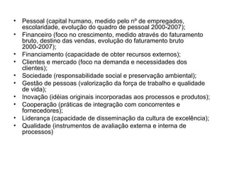 Pessoal (capital humano, medido pelo nº de empregados, escolaridade, evolução do quadro de pessoal 2000-2007); Financeiro (foco no crescimento, medido através do faturamento bruto, destino das vendas, evolução do faturamento bruto 2000-2007); Financiamento (capacidade de obter recursos externos); Clientes e mercado (foco na demanda e necessidades dos clientes); Sociedade (responsabilidade social e preservação ambiental); Gestão de pessoas (valorização da força de trabalho e qualidade de vida); Inovação (idéias originais incorporadas aos processos e produtos); Cooperação (práticas de integração com concorrentes e fornecedores); Liderança (capacidade de disseminação da cultura de excelência); Qualidade (instrumentos de avaliação externa e interna de processos) 