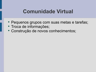 Comunidade Virtual Pequenos grupos com suas metas e tarefas; Troca de informações; Construção de novos conhecimentos;