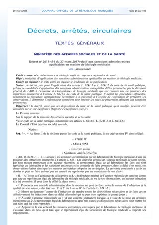 Décrets, arrêtés, circulaires
TEXTES GÉNÉRAUX
MINISTÈRE DES AFFAIRES SOCIALES ET DE LA SANTÉ
Décret no
2017-414 du 27 mars...