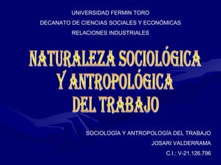 UNIVERSIDAD FERMIN TORO
DECANATO DE CIENCIAS SOCIALES Y ECONÓMICAS
         RELACIONES INDUSTRIALES




             SOCIOLOGÍA Y ANTROPOLOGÍA DEL TRABAJO
                                   JOSARI VALDERRAMA
                                       C.I.: V-21.126.796
 