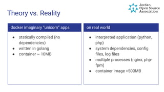 Theory vs. Reality
docker imaginary “unicorn” apps
● statically compiled (no
dependencies)
● written in golang
● container ~ 10MB
on real world
● interpreted application (python,
php)
● system dependencies, config
files, log files
● multiple processes (nginx, php-
fpm)
● container image >500MB
 
