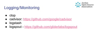 Logging/Monitoring
● ctop
● cadvisor: https://github.com/google/cadvisor
● logstash
● logspout - https://github.com/gliderlabs/logspout
 