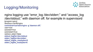Logging/Monitoring
nginx logging use “error_log /dev/stderr;” and “access_log
/dev/stdout;” with daemon off. for example in supervisord
[program:nginx]
directory=/var/lib/nginx
command=/usr/sbin/nginx -g 'daemon off;'
user=root
autostart=true
autorestart=true
redirect_stderr=false
stdout_logfile=/dev/stdout
stderr_logfile=/dev/stderr
stdout_logfile_maxbytes=0
stderr_logfile_maxbytes=0
 