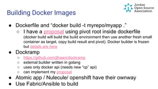 Building Docker Images
● Dockerfile and “docker build -t myrepo/myapp .”
○ I have a proposal using pivot root inside dockerfile
(docker build will build the build environment then use another fresh small
container as target, copy build result and pivot). Docker builder is frozen
but details are here
● Dockramp
○ https://github.com/jlhawn/dockramp
○ external builder written in golang
○ uses only docker api (needs new “cp” api)
○ can implement my proposal
● Atomic app / Nulecule/ openshift have their ownway
● Use Fabric/Ansible to build
 