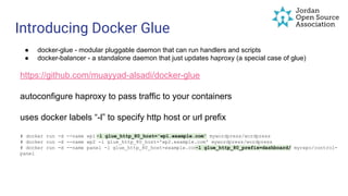 Introducing Docker Glue
● docker-glue - modular pluggable daemon that can run handlers and scripts
● docker-balancer - a standalone daemon that just updates haproxy (a special case of glue)
https://github.com/muayyad-alsadi/docker-glue
autoconfigure haproxy to pass traffic to your containers
uses docker labels “-l” to specify http host or url prefix
# docker run -d --name wp1 -l glue_http_80_host='wp1.example.com' mywordpress/wordpress
# docker run -d --name wp2 -l glue_http_80_host='wp2.example.com' mywordpress/wordpress
# docker run -d --name panel -l glue_http_80_host=example.com-l glue_http_80_prefix=dashboard/ myrepo/control-
panel
 