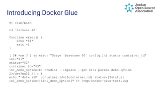Introducing Docker Glue
#! /bin/bash
cd `dirname $0`
function error() {
echo "$@"
exit -1
}
[ $# -ne 3 ] && error "Usage `basename $0` config.ini status container_id"
ini="$1"
status="$2"
container_id="$3"
ini_demo_option=$( crudini --inplace --get $ini params demo-option
2>/dev/null || : )
echo "`date +%F` container_id=[$container_id] status=[$status]
ini_demo_option=[$ini_demo_option]" >> /tmp/docker-glue-test.log
 