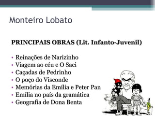 Monteiro Lobato PRINCIPAIS OBRAS (Lit. Infanto-Juvenil) Reinações de Narizinho Viagem ao céu e O Saci Caçadas de Pedrinho O poço do Visconde Memórias da Emília e Peter Pan Emília no país da gramática Geografia de Dona Benta 