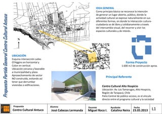 Alumno
Centro Cultural Antuco
Propuesta
José Cabezas Lermanda
Docente Ayudante
Miguel Roco I. Catalina Neira 23.05.2013
Fecha
L1
PropuestaPartidoGeneralCentroCulturalAntuco
UBICACIÓN
Esquina intersección calles
O'Higgins en horizontal y
Colon en vertical.
Ubicación cercana y favorable
a municipalidad y plaza.
Aprovechamiento de sector
NO construido, evitando así
tener que derrumbar
viviendas o edificaciones.
1.600 m2 de construcción aprox.
N
IDEA GENERAL
Como principio básico se reconoce la intención
de generar un lugar abierto, público, donde la
actividad cultural se exprese naturalmente en sus
diferentes formas, en donde la interacción cultura-
ciudadanía se dé libre y cotidianamente a través
del intercambio visual, del recorrer y vivir los
espacios culturales y de interés.
Forma Proyecto
Centro Cultural Alto Hospicio
Ubicación: Av. Los Tamarugos, Alto Hospicio,
Región de Tarapacá, Chile
Patio Central de público acceso, es el vínculo
directo entre el programa cultural y la sociedad
Principal Referente
 