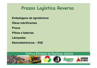 Prazos Logística Reversa

Embalagens de agrotóxicos
Óleos lubrificantes
Pneus
Pilhas e baterias
Lâmpadas
Eletroeletrônicos – R3E


           Política Estadual de Resíduos Sólidos
 
