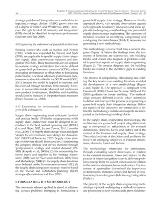 Radanliev, P.: Engineering Design Methodology for Green-Field Supply Chain Architectures - Taxonomic Scheme
ISSN: 1984-3046 • Journal of Operations and Supply Chain Management Volume 8 Number 2 p 52 – 6658
strategic problem of ‘integration as a method for in-
tegrating strategic choices’ (IMSC) grows into one
of a degree (Frohlich and Westbrook, 2001), how-
ever, the right level of ‘fit, intensity and integration’
(FOI) should be identified to optimise performance
(Jayaram and Tan, 2010).
4.9 Engineering the performance of green-field architectures
Existing frameworks such as Kaplan and Norton
(1996), which was expanded by Brewer and Speh
(2000), are applicable to specific supply chain catego-
ries ‘supply chain performance measures and inte-
gration’ (SCPME). These frameworks are not applied
to evaluate strategy architecture that can be defined
as ‘green-field performance measures’ (GPM), where
measuring performance in effect refers to forecasting
performance. The most advanced performance mea-
surement system identified is the SCOR model (SCC,
2001) because the model is applied to industry and
has evolved through feedback from industry. How-
ever, in an uncertain market demand and continuous
new product development, flexibility and feasibility
should also be included in the performance measures
(Perez-Franco et al., 2010).
4.10 Engineering the environmental dimensions for
green-field architectures
Supply chain engineering must anticipate ‘product
and product family’ (PF) in the design process, while
supply chain architecture must be designed in ac-
cordance to the ‘best product operating cost’ (BPOC)
(Liu and Hipel, 2012, Lo and Power, 2010, Lamothe
et al., 2006). The supply chain design must anticipate
‘design for environment’, and ‘design for disassem-
bly’ (DE-DD) (Clendenin, 1997). Supply chain strat-
egy architecture should be focused on: (1) optimising
the company strategy and service elements through
‘postponement strategy and market demand’ (PS-
MD) (Korpela et al., 2001b); (2) the relationship be-
tween buyer and supplier in the ‘strategy dimen-
sions’ (StD) (Van der Vaart and van Donk, 2008, Closs
and Mollenkopf, 2004); (3) the supply chain functions
must be based on the ‘business environment’ (BE); (5)
the supply chain integration strategy must be based
on the ‘market and distribution planning’ (MDP)
strategies (Narasimhan and Kim, 2002).
5. FORMULATING THE METHODOLOGY
The taxonomic scheme applied, is aimed at address-
ing various problems emerging in formulating a
green-field supply chain strategy. These are critically
appraised above, with specific observations against
each approach, to identify limitations and areas ap-
plicable to designing a methodology for green-field
supply chain strategy engineering. The taxonomy of
literature resulted in identifying, categorising and
cataloguing the main themes (Table 1) necessary for
generating a new methodology.
The methodology is transcribed into a concept dia-
gram (Figure 1), before the findings from the tax-
onomy of literature are summarised into building
blocks, and drawn into diagram of problems relat-
ed to practical aspects of supply chain engineering
(Figure 2). The concept diagram and the building
blocks are related to the identified gaps in existing
literature.
The process of categorising, cataloguing and relat-
ing the key tenets from existing literature enabled
the development of a new methodology (Figure
2 and Figure 3). The approach is compliant with
Eisenhardt (1989), Glaser and Strauss (1967) and Yin
(2009) guidance on theory building. The method-
ology contains different aspects, which interrelate
to define and interpret the process of engineering a
green-field supply chain integration strategy. Differ-
ent aspects of the taxonomy are interrelated to de-
fine the methodology. Interrelated aspects are inter-
preted in the following building blocks.
In the supply chain engineering methodology, the
architecture of a green-field project integration strat-
egy is interpreted as: articulation of the external
dimensions, elements, forces and factors out of the
control of the business and supply chain strategy.
The critical analysis of the factors and problems de-
rived with emerging categories of external dimen-
sions, elements, forces and factors.
The methodology interrelates the architecture,
through evaluating salient dimensions in relation
to the external elements, forces and factors. In the
process of interrelating these aspects, different prob-
lems emerge from the salient dimensions in relation
to the external elements, forces and factors. The tax-
onomy of approaches determined the importance
of dimensions, elements, forces and factors in rela-
tion to key tenets for green-field strategy integration
(Table 1).
The priority of the supply chain engineering meth-
odology is placed on designing a method for system-
atic prioritising of activities towards green-field inte-
 