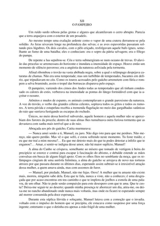 XII
O PAMPEIRO
Um ruído surdo reboou pelas grotas e algares que alcantilavam o cerro abrupto. Parecia
que a terra arquejava com o estertor de um pesadelo.
Ao mesmo tempo uma exalação ardente como o vapor de uma cratera derramou-se pela
solidão. As feras uivavam longe na profundeza das selvas; e as aves espavoridas passaram sol-
tando pios lúgubres. Os dois cavalos, com o pêlo eriçado, resfolgavam aquele bafo ígneo, seme-
lhante ao fumo de uma batalha; eles o conheciam: era o sopro da pátria selvagem; era o fôlego
do pampa.
De repente a lua sepultou-se. Céu e terra submergiram-se num oceano de trevas. O aluvi-
ão das procelas se arremessara do horizonte e inundara a imensidade do espaço. Houve então um
momento de silêncio pavoroso; era a angústia da natureza asfixiada pela tormenta.
Afinal ribombou o trovão na vasta abóbada negra, sobre a qual o relâmpago despejava ca-
taratas de chamas. Não era uma tempestade; mas um turbilhão de tempestades, bacantes em delí-
rio, que tripudiavam no céu. Como os touros acossados pelo gaúcho arremetem com fúria e rom-
pem a selva bramindo, assim o tropel das borrascas disparava pelo espaço.
O pampeiro, varrendo dos cimos dos Andes todas as tempestades que ali tinham conden-
sado os calores do estio, verberava na imensidade as pontas do látego formidável com que ia a-
çoitar o oceano.
Atônitos e mudos de espanto, os animais contemplavam o grande paroxismo da natureza.
A voz do trovão, o verbo das grandes cóleras celestes, sopitava todos os gritos e todos os rumo-
res. A terra pávida e estupefata recebia a tremenda flagelação no meio das gargalhadas satânicas
do raio que surriava fustigando as escarpas do rochedo.
Únicos, no meio dessa horrível subversão, aquele homem e aquela mulher não se aperce-
biam dos furores da procela; dentro de suas almas lhes tumultuava outra furiosa tormenta que as
devastava com sanha mais terrível que a do raio.
Abraçada aos pés do gaúcho, Catita murmurava:
— Nunca amei senão a ti, Manuel, eu juro. Não digo isto para que me perdoes. Não me-
reço, não quero perdão. Mas vê o que sofri, e estou sofrendo neste momento. Tu foste traído; e
eu que me traí a mim mesma?… Eu que me detesto mais do que tu podes detestar a infeliz que te
enganou?… Amar, e sentir-se indigna desse amor, não há maior suplício, Manuel!
A alma do Canho se crispava, semelhante ao mísero que tomado de vertigem à beira do
precipício se estorce e contrai para escapar à fascinação do abismo, e debalde estende as mãos
convulsas em busca de algum frágil apoio. Com os olhos fitos no semblante da moça, que os re-
lâmpagos cingiam de uma auréola fulmínea, a alma do gaúcho se arrojava de novo nas torturas
atrozes por que passara durante os últimos dias, esperando assim subtrair-se à irresistível atração
dessa mulher, a quem amava ainda, mas com assomos de furor.
— Manuel, por piedade, Manuel, não me fujas. Ouve! A mulher que tu amaste não existe
mais, morreu, ninguém sabe dela. Esta que te fala, nunca a viste, não a conheces; é uma desgra-
çada que por acaso encontras em teu caminho e que te implora de joelhos a esmola de uma pala-
vra, de um olhar. Não te pede senão compaixão para este desespero com que te ama. Que te cus-
ta? Deixa-me seguir-te ao deserto; quando minha presença te aborrecer um dia, atira-me, ou dei-
xa-me no rancho abandonado onde nunca mais voltarás, mas onde eu ficarei te esperando sempre
até morrer consumida pela doce esperança.
Durante esta súplica férvida e soluçante, Manuel lutava com a comoção que o invadia.
voltado com o impulso do homem que se precipita, ele estacava como suspenso por uma força
ingente; entretanto o que o detinha era apenas a mão frágil de uma mulher.
 