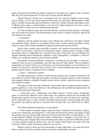 ainda estivessem descansando das fadigas daquele dia tão penoso nos lugares onde os deixara.
Mas Juca? Por que não aparecia? Tivera acaso a mesma sorte do Morzelo?
Manuel chamou o alazão com o costumado sinal; um vento rijo impelia o somo na dire-
ção da corrida; e o silvo que soltara repercutiu-lhe longe, mas pela frente. Debruçando-se então,
pruriu o focinho da baia para que ela chamasse o filho com o nitrido fremente que fendia os ares.
A Morena ficou muda; e arremessando-se com um novo ímpeto perpassou nas trevas como a
sombra fugitiva e silente do corvo arrebatado pela procela.
Ao cabo de algumas horas dessa corrida delirante, a petrina da baia começou a resfolegar
com uma espécie de estertor. Um pressentimento cruel cerrou o coração do gaúcho, que de um
salto arrojou-se no chão.
— Está ferida!
Quando os pés do gaúcho tocavam a terra, Morena que sustivera-se até aquele instante
com supremo esforço, deixou-se cair exânime sobre a relva. A mão convulsa do gaúcho, tatean-
do-lhe o corpo, sentiu a tépida umidade do sangue derramado pela anca do animal.
Faiscar lume, acender fogo com palha e gravetos, foi o primeiro movimento de Manuel.
Ao brilho vivo da chama, a baia fez um esforço para erguer a cabeça, pondo no amigo os olhos
amortecidos. Bem a compreendeu ele; o animal receava que o fogo desse aviso ao inimigo; mas
naquele momento pouco importavam a Manuel os que o perseguiam; o verdadeiro, o terrível i-
nimigo, era o golpe que ameaçava essa existência querida.
Prontamente examinara Manuel o ferimento e reconhecera sua gravidade. A bala pene-
trando de revés na anca se entranhara, mas não atravessou do lado oposto. Teria-se alojado e
amortecido nas vísceras? Nesse caso o ferimento era mortal. Encontraria o osso da rodela e aí se
alojara? Se assim fosse, não havia lesão essencial; mas o esforço inaudito que fizera o animal e a
grande perda de sangue, o punham em risco eminente.
— Água!… murmurou o gaúcho.
Só então reparou que se achava à borda de uma capoeira nas cercanias de Piratinim. De
um cordão da serra dos Tapes que passa junto à vila descem inúmeros arroios; Canho descobriu
um à pequena distância: rasgando a própria camisa, lavou a ferida e aplicou-lhe uma compressa
para estancar o sangue.
De joelhos ao lado do corpo da Morena, com os olhos fitos na cabeça do lindo animal, o
gaúcho engolfou-se numa cisma dolorosa e tão profunda que não percebeu um ligeiro rumor de
folhas secas pisadas por um pé sutil.
— Assim devia ser!… balbuciaram seus lábios frouxos. Vivemos juntos, morreremos
juntos, no mesmo dia. Morzelo, nosso velho amigo, foi o primeiro: deixou-nos esta manhã. Nós
ficamos para vingá-lo; ele deve estar contente. Juca, a esta hora talvez já esteja com o padrinho;
já terá conhecido o pai e o mano. A bala sem dúvida traspassou-lhe o coração, porque não soltou
um gemido, não chamou nem por ti, nem por mim; foi mais feliz; não sofreu como tu, More-
na!…
Um soluço abafou por momentos a voz do gaúcho.
— Foste tu quem te mataste, amiga, e para salvar-me! A bala em vez de atrasar a carreira,
te deu asas; sentiste que me perseguiam, e voaste para me pôr fora do alcance do inimigo. E nem
um gemido; nem um sinal por onde conhecesse que estavas ferida! Ah! se eu adivinhasse!… Pa-
ra que fugirmos? Melhor era morrermos ambos combatendo, e vingando o nosso Juca! Eu só,
não terei forças nem coragem! Que vale um homem meio morto; eu já morri no Morzelo, já mor-
ri no Juca; quando acabar de morrer em ti, que fico sendo? Uma cabeça sem corpo; uma mão
sem braço! Então, melhor é dormirmos juntos no seio da terra.
Manuel correu os olhos em torno procurando um lugar onde abrir a cova que devia rece-
bê-los a ambos. Uma faixa vermelha listrava o horizonte, anunciando a alvorada.
 