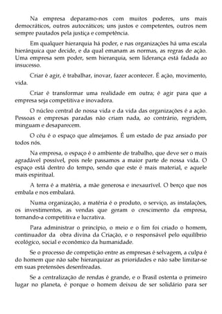 Na empresa deparamo-nos com muitos poderes, uns mais
democráticos, outros autocráticos; uns justos e competentes, outros nem
sempre pautados pela justiça e competência.
      Em qualquer hierarquia há poder, e nas organizações há uma escala
hierárquica que decide, e da qual emanam as normas, as regras de ação.
Uma empresa sem poder, sem hierarquia, sem liderança está fadada ao
insucesso.
        Criar é agir, é trabalhar, inovar, fazer acontecer. É ação, movimento,
vida.
    Criar é transformar uma realidade em outra; é agir para que a
empresa seja competitiva e inovadora.
     O núcleo central de nossa vida e da vida das organizações é a ação.
Pessoas e empresas paradas não criam nada, ao contrário, regridem,
minguam e desaparecem.
     O céu é o espaço que almejamos. É um estado de paz ansiado por
todos nós.
     Na empresa, o espaço é o ambiente de trabalho, que deve ser o mais
agradável possível, pois nele passamos a maior parte de nossa vida. O
espaço está dentro do tempo, sendo que este é mais material, e aquele
mais espiritual.
     A terra é a matéria, a mãe generosa e inexaurível. O berço que nos
embala e nos embalará.
     Numa organização, a matéria é o produto, o serviço, as instalações,
os investimentos, as vendas que geram o crescimento da empresa,
tornando-a competitiva e lucrativa.
      Para administrar o princípio, o meio e o fim foi criado o homem,
continuador da obra divina da Criação, e o responsável pelo equilíbrio
ecológico, social e econômico da humanidade.
     Se o processo de competição entre as empresas é selvagem, a culpa é
do homem que não sabe hierarquizar as prioridades e não sabe limitar-se
em suas pretensões desenfreadas.
     Se a centralização de rendas é grande, e o Brasil ostenta o primeiro
lugar no planeta, é porque o homem deixou de ser solidário para ser
 