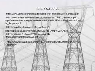 BIBLIOGRAFIA
http://www.uclm.es/profesorado/ajbarbero/Practicas/Ley_Faraday.pdf
http://www.unizar.es/icee04/electricidad/temas/T7/T7_resueltos.pdf
http://intercentres.edu.gva.es/iesleonardodavinci/Fisica/Magnetismo/Ley_
de_Ampere.pdf
http://ronald-leydeampere.blogspot.com/
http://laplace.us.es/wiki/index.php/Ley_de_Amp%C3%A8re
http://materias.fi.uba.ar/6209/download/4-
Materiales%20Magneticos.pdf
http://www.tdx.cat/bitstream/handle/10803/6305/01Abh01de01.pdf?se
quence=1
 