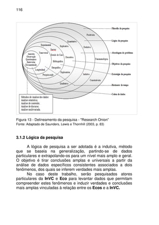 116
Figura 13 - Delineamento da pesquisa - "Research Onion”
Fonte: Adaptado de Saunders, Lewis e Thornhill (2003, p. 83)
3.1.2 Lógica da pesquisa
A lógica de pesquisa a ser adotada é a indutiva, método
que se baseia na generalização, partindo-se de dados
particulares e extrapolando-os para um nível mais amplo e geral.
O objetivo é tirar conclusões amplas e universais a partir da
análise de dados específicos consistentes associados a dois
fenômenos, dos quais se inferem verdades mais amplas.
No caso deste trabalho, serão pesquisados atores
particulares da InVC e Eco para levantar dados que permitam
compreender estes fenômenos e induzir verdades e conclusões
mais amplas vinculadas à relação entre os Ecos e a InVC.
 