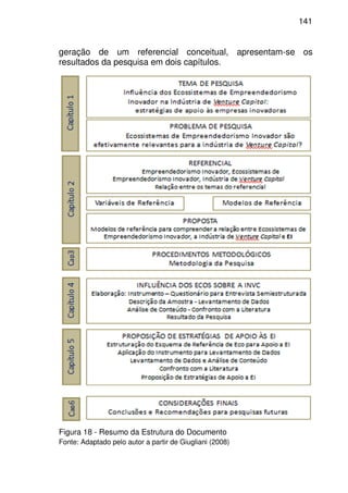 141
geração de um referencial conceitual, apresentam-se os
resultados da pesquisa em dois capítulos.
Figura 18 - Resumo da Estrutura do Documento
Fonte: Adaptado pelo autor a partir de Giugliani (2008)
 