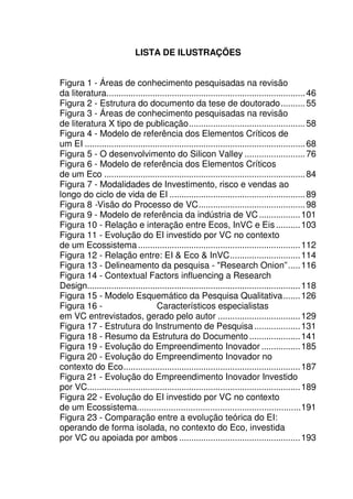 13
LISTA DE ILUSTRAÇÕES
Figura 1 - Áreas de conhecimento pesquisadas na revisão
da literatura..................................................................................46
Figura 2 - Estrutura do documento da tese de doutorado..........55
Figura 3 - Áreas de conhecimento pesquisadas na revisão
de literatura X tipo de publicação................................................58
Figura 4 - Modelo de referência dos Elementos Críticos de
um EI ...........................................................................................68
Figura 5 - O desenvolvimento do Silicon Valley .........................76
Figura 6 - Modelo de referência dos Elementos Críticos
de um Eco ...................................................................................84
Figura 7 - Modalidades de Investimento, risco e vendas ao
longo do ciclo de vida de EI ........................................................89
Figura 8 -Visão do Processo de VC............................................98
Figura 9 - Modelo de referência da indústria de VC.................101
Figura 10 - Relação e interação entre Ecos, InVC e Eis..........103
Figura 11 - Evolução do EI investido por VC no contexto
de um Ecossistema...................................................................112
Figura 12 - Relação entre: EI & Eco & InVC.............................114
Figura 13 - Delineamento da pesquisa - "Research Onion”.....116
Figura 14 - Contextual Factors influencing a Research
Design........................................................................................118
Figura 15 - Modelo Esquemático da Pesquisa Qualitativa.......126
Figura 16 - Característicos especialistas
em VC entrevistados, gerado pelo autor ..................................129
Figura 17 - Estrutura do Instrumento de Pesquisa...................131
Figura 18 - Resumo da Estrutura do Documento.....................141
Figura 19 - Evolução do Empreendimento Inovador ................185
Figura 20 - Evolução do Empreendimento Inovador no
contexto do Eco.........................................................................187
Figura 21 - Evolução do Empreendimento Inovador Investido
por VC........................................................................................189
Figura 22 - Evolução do EI investido por VC no contexto
de um Ecossistema...................................................................191
Figura 23 - Comparação entre a evolução teórica do EI:
operando de forma isolada, no contexto do Eco, investida
por VC ou apoiada por ambos ..................................................193
 