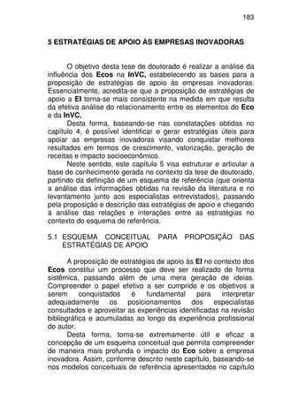 183
5 ESTRATÉGIAS DE APOIO ÀS EMPRESAS INOVADORAS
O objetivo desta tese de doutorado é realizar a análise da
influência dos Ecos na InVC, estabelecendo as bases para a
proposição de estratégias de apoio às empresas inovadoras.
Essencialmente, acredita-se que a proposição de estratégias de
apoio a EI torna-se mais consistente na medida em que resulta
da efetiva análise do relacionamento entre os elementos do Eco
e da InVC.
Desta forma, baseando-se nas constatações obtidas no
capítulo 4, é possível identificar e gerar estratégias úteis para
apoiar as empresas inovadoras visando conquistar melhores
resultados em termos de crescimento, valorização, geração de
receitas e impacto socioeconômico.
Neste sentido, este capítulo 5 visa estruturar e articular a
base de conhecimento gerada no contexto da tese de doutorado,
partindo da definição de um esquema de referência (que orienta
a análise das informações obtidas na revisão da literatura e no
levantamento junto aos especialistas entrevistados), passando
pela proposição e descrição das estratégias de apoio e chegando
à análise das relações e interações entre as estratégias no
contexto do esquema de referência.
5.1 ESQUEMA CONCEITUAL PARA PROPOSIÇÃO DAS
ESTRATÉGIAS DE APOIO
A proposição de estratégias de apoio às EI no contexto dos
Ecos constitui um processo que deve ser realizado de forma
sistêmica, passando além de uma mera geração de ideias.
Compreender o papel efetivo a ser cumprido e os objetivos a
serem conquistados é fundamental para interpretar
adequadamente os posicionamentos dos especialistas
consultados e aproveitar as experiências identificadas na revisão
bibliográfica e acumuladas ao longo da experiência profissional
do autor.
Desta forma, torna-se extremamente útil e eficaz a
concepção de um esquema conceitual que permita compreender
de maneira mais profunda o impacto do Eco sobre a empresa
inovadora. Assim, conforme descrito neste capítulo, baseando-se
nos modelos conceituais de referência apresentados no capítulo
 