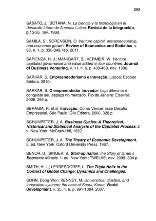 293
SÁBATO, J.; BOTANA, N. La ciencia y la tecnologia en el
desarollo future de America Latina. Revista de la Integración,
p.15-36. nov. 1968.
SAMILA, S.; SORENSON, O. Venture capital, entrepreneurship,
and economic growth. Review of Economics and Statistics, v.
93, n. 1, p. 338-349. feb. 2011.
SAPIENZA, H. J.; MANIGART, S.; VERMEIR, W. Venture
capitalist governance and value added in four countries. Journal
of Business Venturing, v. 11, n. 6, p. 439-469. nov. 1996.
SARKAR, S. Empreendedorismo e Inovação. Lisboa: Escolar
Editora, 2010.
SARKAR, S. O empreendedor inovador: faça diferente e
conquiste seu espaço no mercado. Rio de Janeiro: Elsevier,
2008. 265 p.
SBRAGIA, R. et al. Inovação: Como Vencer esse Desafio
Empresarial. São Paulo: Clio Editora. 2006. 328 p.
SCHUMPETER, J. A. Business Cycles: A Theoretical,
Historical and Statistical Analysis of the Capitalist Process. 2
v. New York: McGraw-Hill, 1939.
SCHUMPETER, J. A. The Theory of Economic Development,
5. ed. New York: Oxford University Press. 1967.
SENOR, D.; SINGER, S. Start-up nation: the Story of Israel´s
Economic Miracle. 1. ed, New York: TWELVE. nov. 2009. 304 p.
SMITH, H. L.; LEYDESDORFF, L. The Triple Helix in the
Context of Global Change: Dynamics and Challenges.
SOHN, Dong-Won; KENNEY, M. Universities, clusters, and
innovation systems: the case of Seoul, Korea. World
Development, v. 35, n. 6, p. 991-1004. 2007.
 