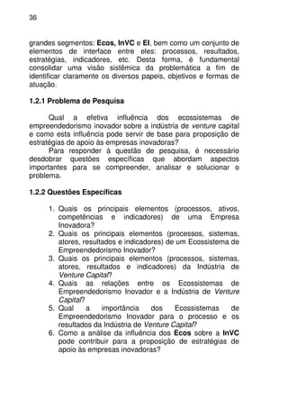 36
grandes segmentos: Ecos, InVC e EI, bem como um conjunto de
elementos de interface entre eles: processos, resultados,
estratégias, indicadores, etc. Desta forma, é fundamental
consolidar uma visão sistêmica da problemática a fim de
identificar claramente os diversos papeis, objetivos e formas de
atuação.
1.2.1 Problema de Pesquisa
Qual a efetiva influência dos ecossistemas de
empreendedorismo inovador sobre a indústria de venture capital
e como esta influência pode servir de base para proposição de
estratégias de apoio às empresas inovadoras?
Para responder à questão de pesquisa, é necessário
desdobrar questões específicas que abordam aspectos
importantes para se compreender, analisar e solucionar o
problema.
1.2.2 Questões Específicas
1. Quais os principais elementos (processos, ativos,
competências e indicadores) de uma Empresa
Inovadora?
2. Quais os principais elementos (processos, sistemas,
atores, resultados e indicadores) de um Ecossistema de
Empreendedorismo Inovador?
3. Quais os principais elementos (processos, sistemas,
atores, resultados e indicadores) da Indústria de
Venture Capital?
4. Quais as relações entre os Ecossistemas de
Empreendedorismo Inovador e a Indústria de Venture
Capital?
5. Qual a importância dos Ecossistemas de
Empreendedorismo Inovador para o processo e os
resultados da Indústria de Venture Capital?
6. Como a análise da influência dos Ecos sobre a InVC
pode contribuir para a proposição de estratégias de
apoio às empresas inovadoras?
 
