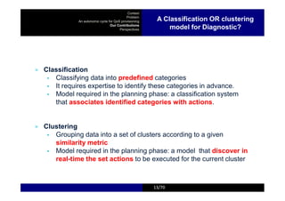 > Classification
▪ Classifying data into predefined categories
▪ It requires expertise to identify these categories in advance.
▪ Model required in the planning phase: a classification system
that associates identified categories with actions.
> Clustering
▪ Grouping data into a set of clusters according to a given
similarity metric
▪ Model required in the planning phase: a model that discover in
real-time the set actions to be executed for the current cluster
Context
Problem
An autonomic cycle for QoS provisioning
Our Contributions
Perspectives
1313/70
A Classification OR clustering
model for Diagnostic?
 