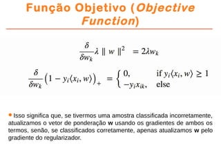 Função Objetivo (Objective
Function)
Isso significa que, se tivermos uma amostra classificada incorretamente,
atualizamos o vetor de ponderação w usando os gradientes de ambos os
termos, senão, se classificados corretamente, apenas atualizamos w pelo
gradiente do regularizador.
 