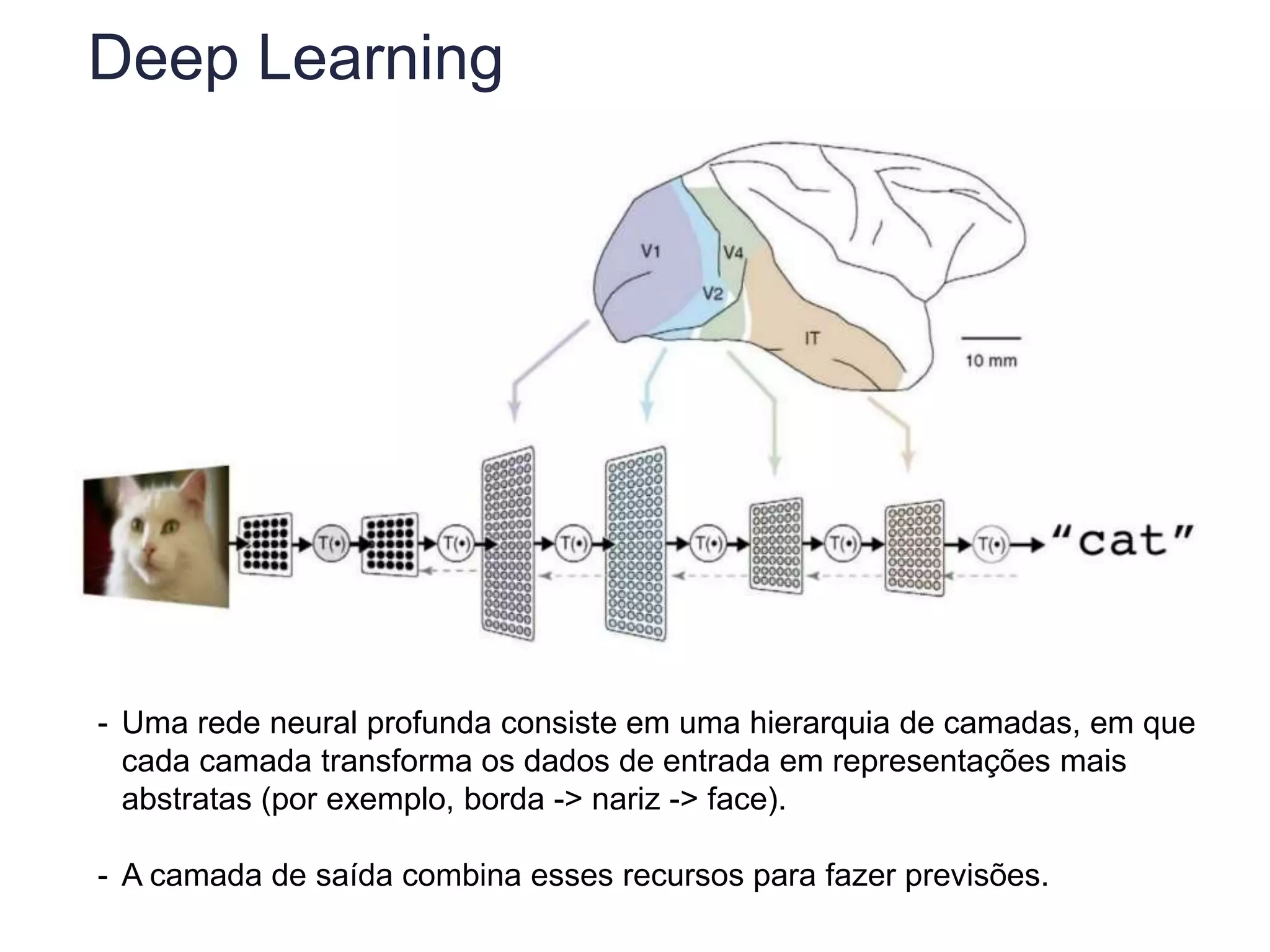Deep Learning
- Uma rede neural profunda consiste em uma hierarquia de camadas, em que
cada camada transforma os dados de entrada em representações mais
abstratas (por exemplo, borda -> nariz -> face).
- A camada de saída combina esses recursos para fazer previsões.
 