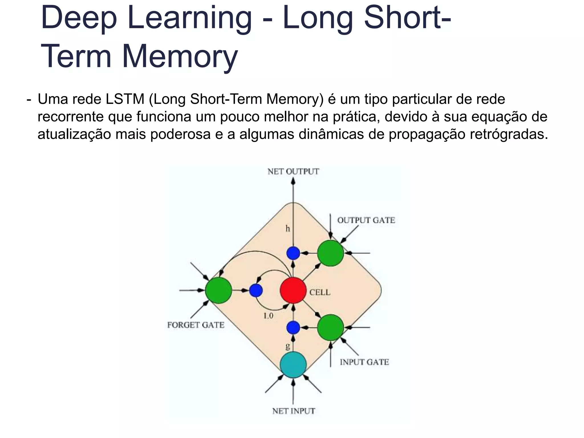 Deep Learning - Long Short-
Term Memory
- Uma rede LSTM (Long Short-Term Memory) é um tipo particular de rede
recorrente que funciona um pouco melhor na prática, devido à sua equação de
atualização mais poderosa e a algumas dinâmicas de propagação retrógradas.
 