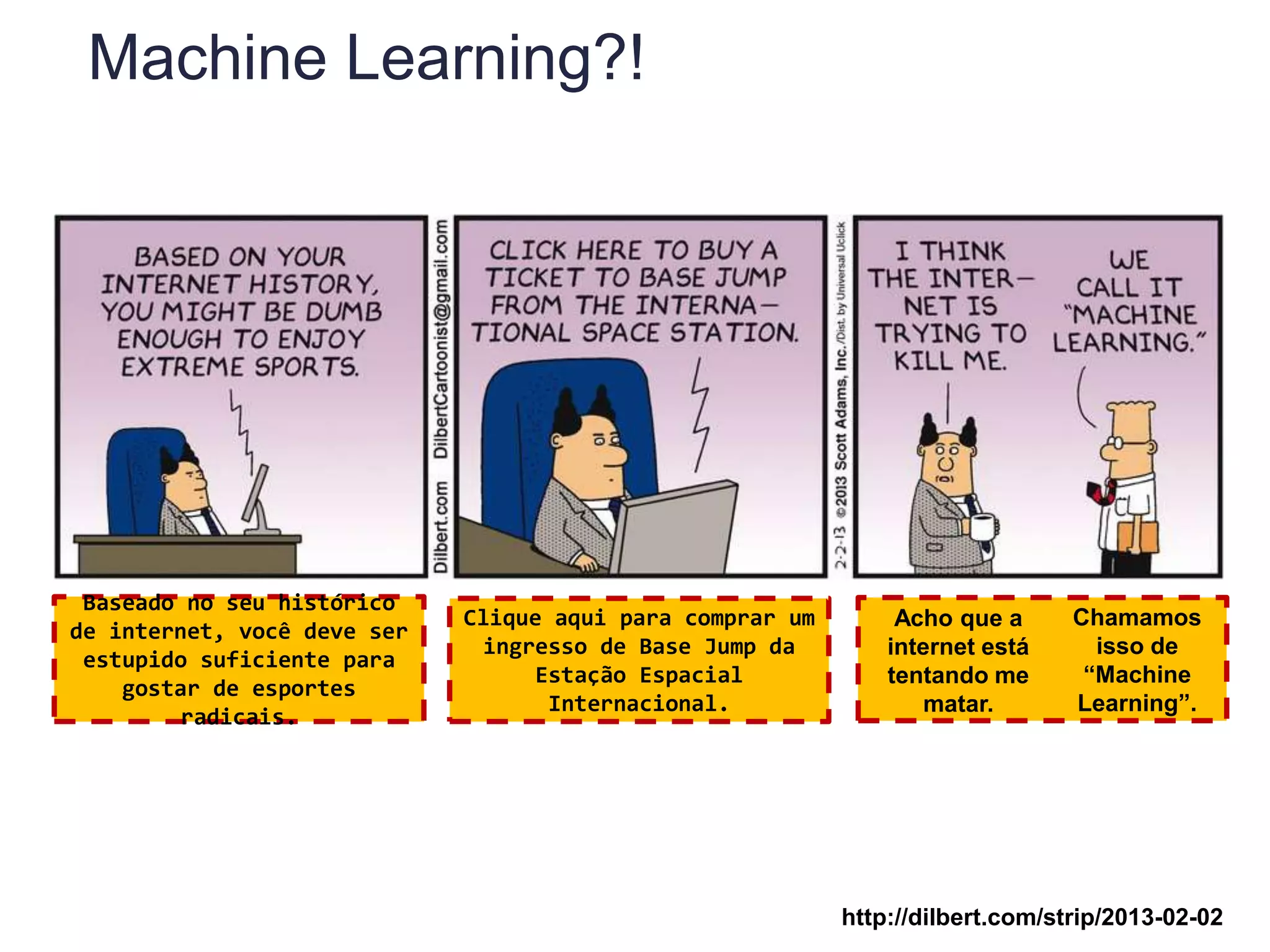 Machine Learning?!
http://dilbert.com/strip/2013-02-02
Baseado no seu histórico
de internet, você deve ser
estupido suficiente para
gostar de esportes
radicais.
Clique aqui para comprar um
ingresso de Base Jump da
Estação Espacial
Internacional.
Acho que a
internet está
tentando me
matar.
Chamamos
isso de
“Machine
Learning”.
 