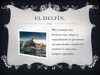 EL DELFÍN.

     Un animal muy
     hermoso muy alegre q
     especialmente lo presentan
     en espectáculos acuáticos y
     también lo usan para
     terapias especiales.
 