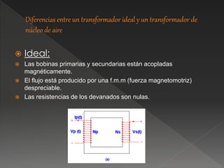  Ideal:
 Las bobinas primarias y secundarias están acopladas
magnéticamente.
 El flujo está producido por una f.m.m (fuerza magnetomotriz)
despreciable.
 Las resistencias de los devanados son nulas.
 
