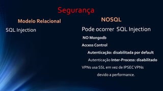 Segurança 
Modelo Relacional 
SQL Injection 
NOSQL 
Pode ocorrer SQL Injection 
NO Mongodb 
Access Control 
Autenticação: disabilitada por default 
Autenticação Inter-Process: disabilitado 
VPNs usa SSL em vez de IPSEC VPNs 
devido a performance. 
 
