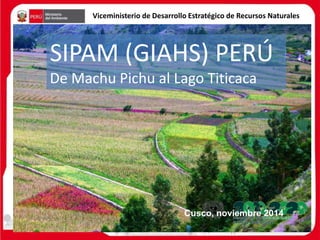 Cusco, noviembre 2014
SIPAM (GIAHS) PERÚ
De Machu Pichu al Lago Titicaca
Viceministerio de Desarrollo Estratégico de Recursos Naturales
 