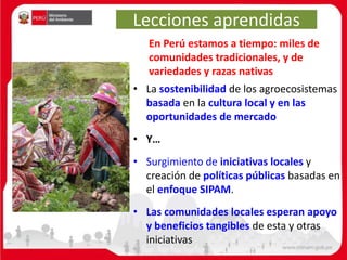 Lecciones aprendidas
• La sostenibilidad de los agroecosistemas
basada en la cultura local y en las
oportunidades de mercado
• Y…
• Surgimiento de iniciativas locales y
creación de políticas públicas basadas en
el enfoque SIPAM.
• Las comunidades locales esperan apoyo
y beneficios tangibles de esta y otras
iniciativas
En Perú estamos a tiempo: miles de
comunidades tradicionales, y de
variedades y razas nativas
 
