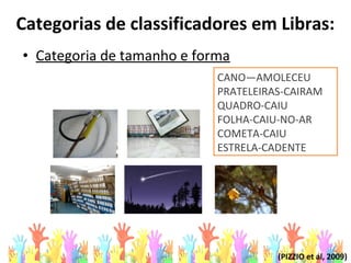 Categorias de classificadores em Libras:
• Categoria de tamanho e forma
CANO—AMOLECEU
PRATELEIRAS-CAIRAM
QUADRO-CAIU
FOLHA-CAIU-NO-AR
COMETA-CAIU
ESTRELA-CADENTE
(PIZZIO et al, 2009)
 