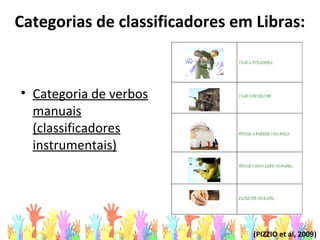 Categorias de classificadores em Libras:
• Categoria de verbos
manuais
(classificadores
instrumentais)
(PIZZIO et al, 2009)
 