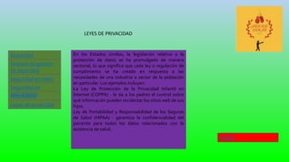 LEYES DE PRIVACIDAD
Seguridad
Informática
Leyes de privacidad
Sistema de gestión
de seguridad
Seguridad en redes
Informática
Seguridad en
aplicaciones
En los Estados Unidos, la legislación relativa a la
protección de datos se ha promulgado de manera
sectorial, lo que significa que cada ley o regulación de
cumplimiento se ha creado en respuesta a las
necesidades de una industria o sector de la población
en particular. Los ejemplos incluyen:
La Ley de Protección de la Privacidad Infantil en
Internet (COPPA) - le da a los padres el control sobre
qué información pueden recolectar los sitios web de sus
hijos.
Ley de Portabilidad y Responsabilidad de los Seguros
de Salud (HIPAA) - garantiza la confidencialidad del
paciente para todos los datos relacionados con la
asistencia de salud.
INICIO
 