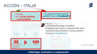 Liderazgo, inversión y cooperación
Acción – Italia
Fuentes: Twitter, Strategia per la
banda ultralarga e crescita digitales
 