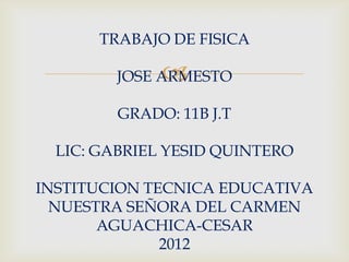 TRABAJO DE FISICA

              
        JOSE ARMESTO

         GRADO: 11B J.T

  LIC: GABRIEL YESID QUINTERO

INSTITUCION TECNICA EDUCATIVA
  NUESTRA SEÑORA DEL CARMEN
       AGUACHICA-CESAR
              2012
 