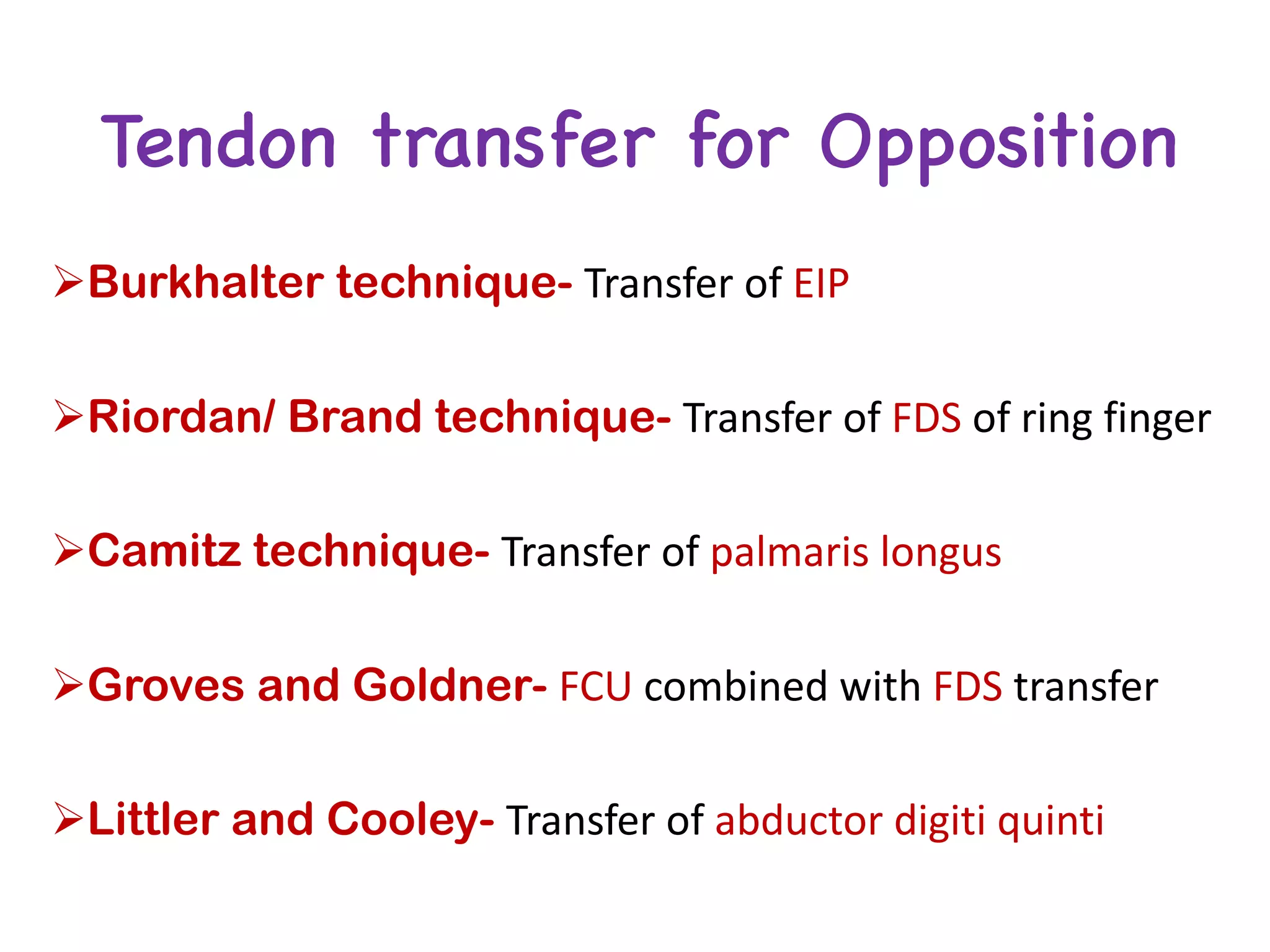 Tendon transfer for Opposition
ØBurkhalter technique- Transfer	of	EIP
ØRiordan/ Brand technique- Transfer	of	FDS of	ring	finger
ØCamitz technique- Transfer	of	palmaris	longus
ØGroves and Goldner- FCU combined	with	FDS transfer
ØLittler and Cooley- Transfer	of	abductor	digiti quinti
 