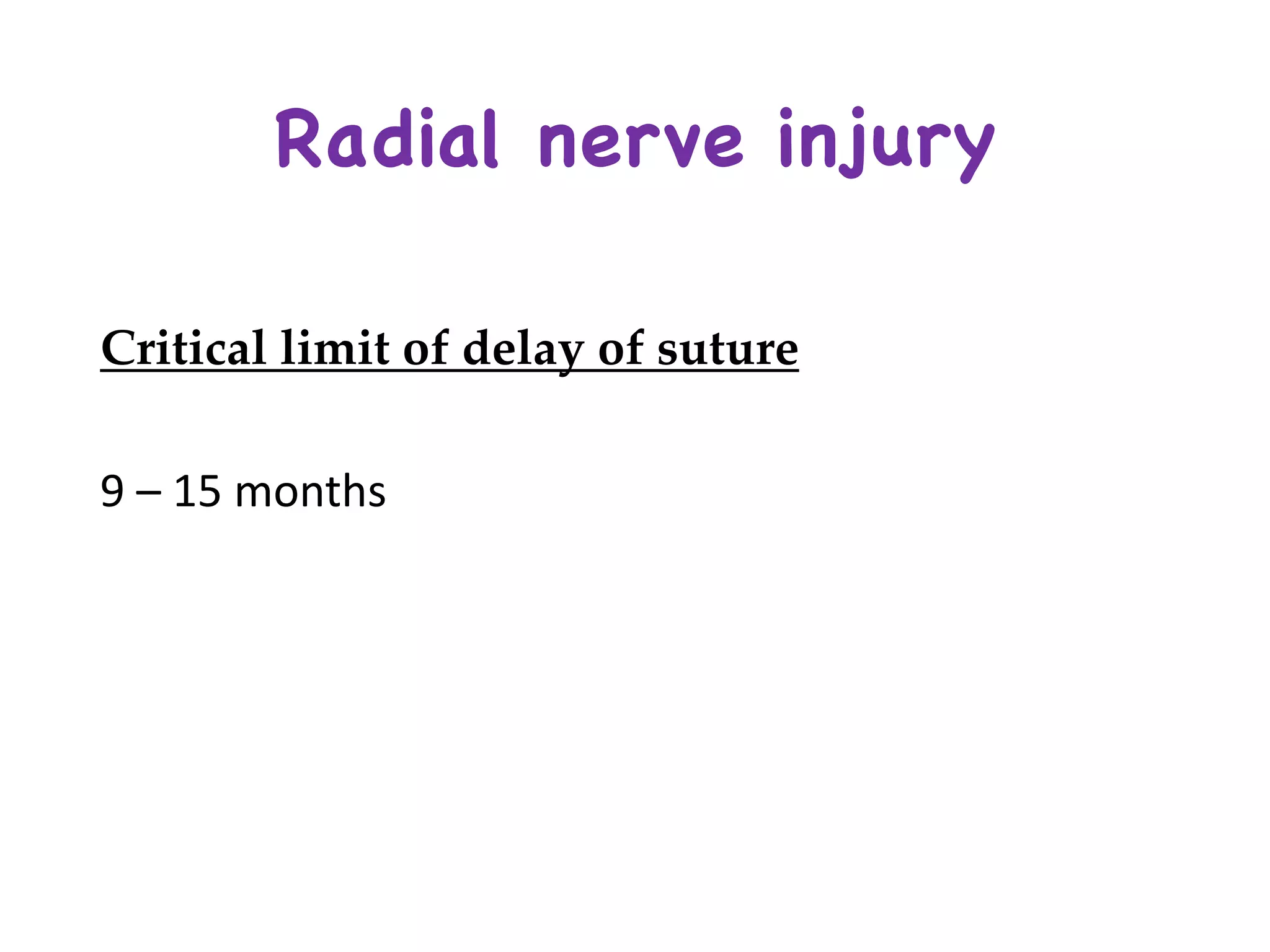 Critical limit of delay of suture
9	– 15	months	
Radial nerve injury
 