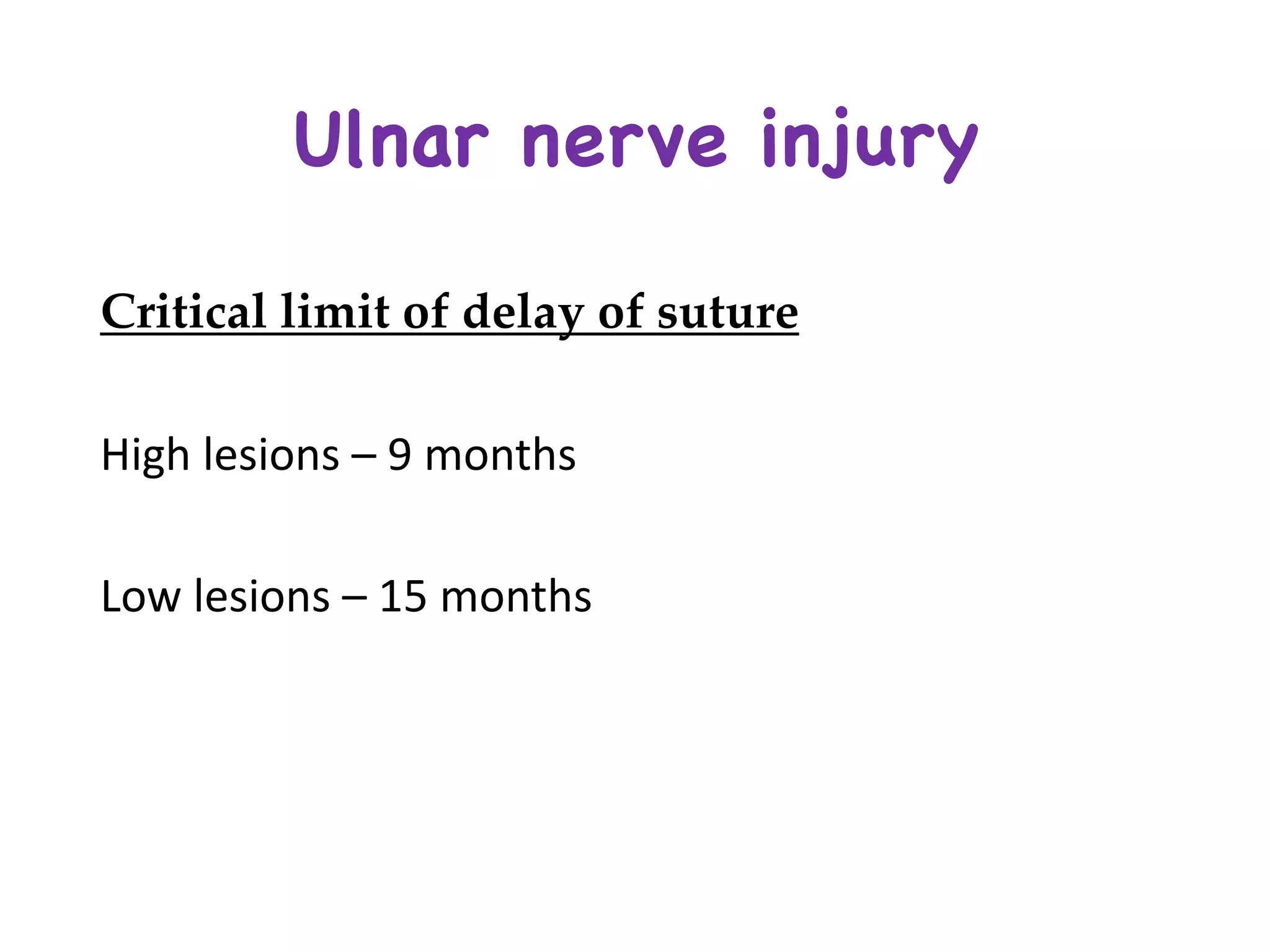 Critical limit of delay of suture
High	lesions	– 9	months	
Low	lesions	– 15	months	
Ulnar nerve injury
 