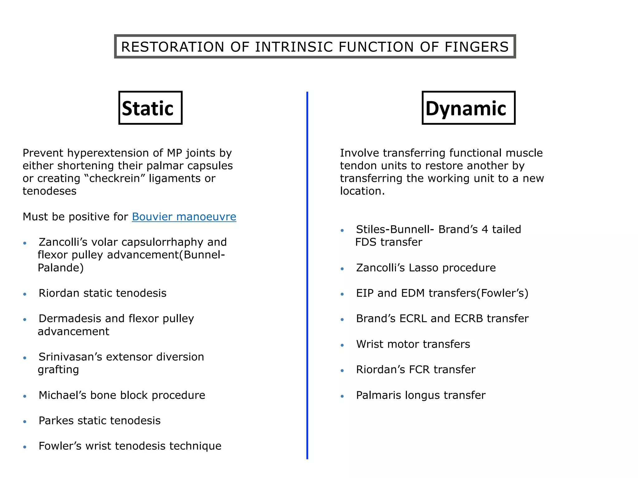 RESTORATION OF INTRINSIC FUNCTION OF FINGERS
Static	 Dynamic	
Prevent hyperextension of MP joints by
either shortening their palmar capsules
or creating “checkrein” ligaments or
tenodeses
Must be positive for Bouvier manoeuvre
• Zancolli’s volar capsulorrhaphy and
flexor pulley advancement(Bunnel-
Palande)
• Riordan static tenodesis
• Dermadesis and flexor pulley
advancement
• Srinivasan’s extensor diversion
grafting
• Michael’s bone block procedure
• Parkes static tenodesis
• Fowler’s wrist tenodesis technique
Involve transferring functional muscle
tendon units to restore another by
transferring the working unit to a new
location.
• Stiles-Bunnell- Brand’s 4 tailed
FDS transfer
• Zancolli’s Lasso procedure
• EIP and EDM transfers(Fowler’s)
• Brand’s ECRL and ECRB transfer
• Wrist motor transfers
• Riordan’s FCR transfer
• Palmaris longus transfer
 
