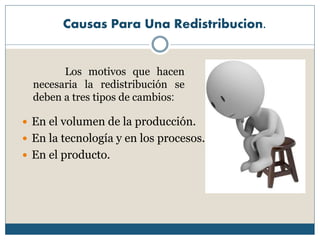 Causas Para Una Redistribucion.
 En el volumen de la producción.
 En la tecnología y en los procesos.
 En el producto.
Los motivos que hacen
necesaria la redistribución se
deben a tres tipos de cambios:
 